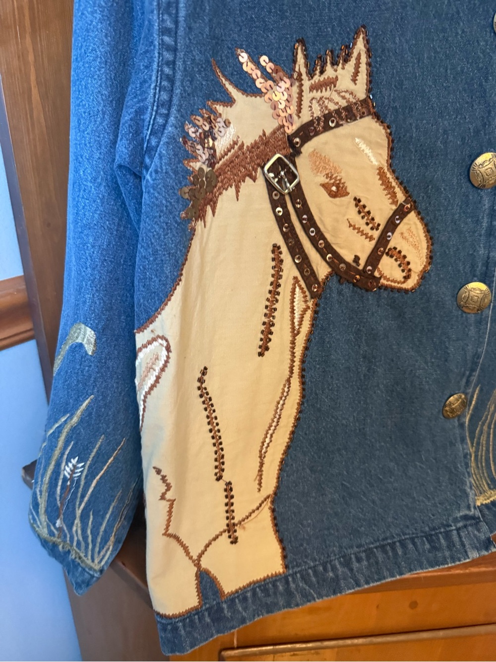 Tantrums vintage 100% cotton Horse Equestrian Western Denim Beaded Sequin Jacket - Picture 2 of 12